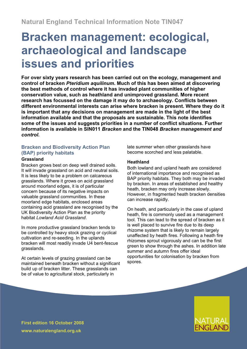 Bracken Management: Ecological, Archaeological and Landscape Issues and Priorities