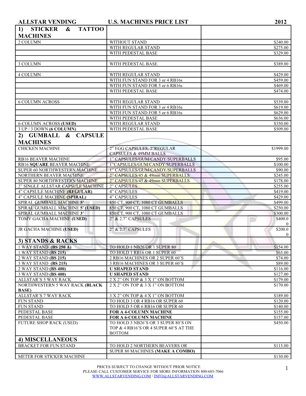 Prices Subject to Change Without Prior Notice