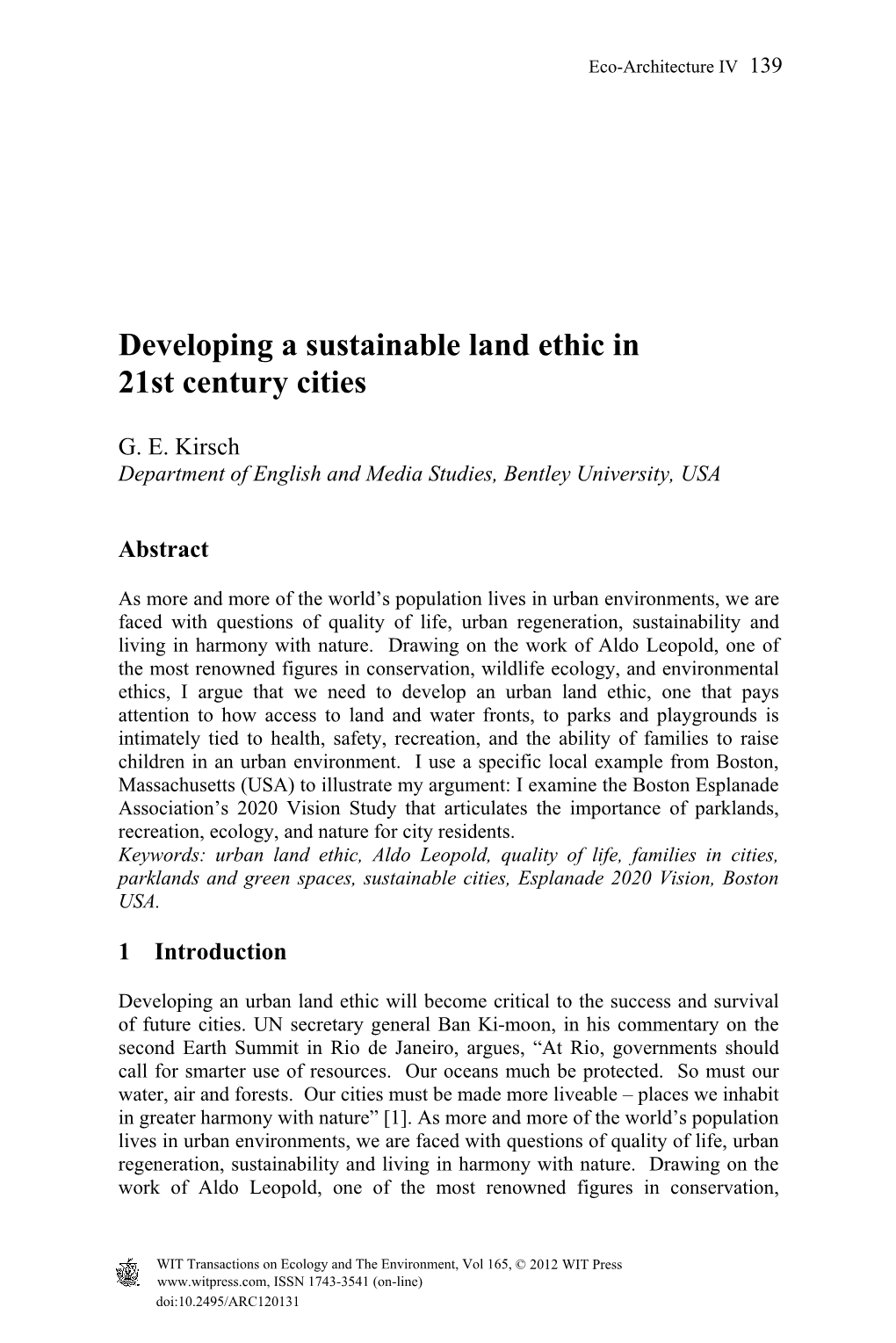 Developing a Sustainable Land Ethic in 21St Century Cities