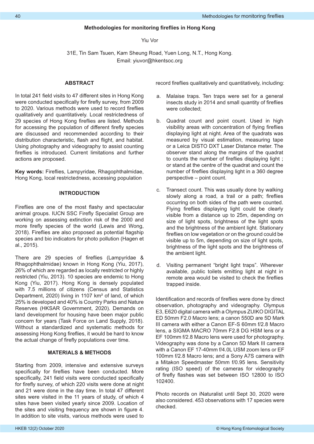 Methodologies for Monitoring Fireflies in Hong Kong