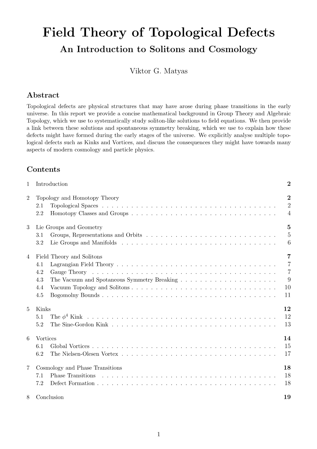 Field Theory of Topological Defects an Introduction to Solitons and Cosmology