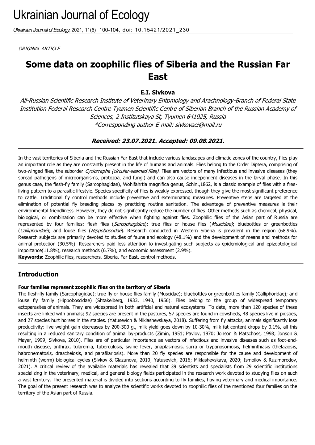 Some Data on Zoophilic Flies of Siberia and the Russian Far East