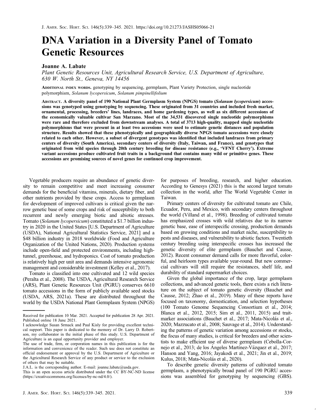 DNA Variation in a Diversity Panel of Tomato Genetic Resources