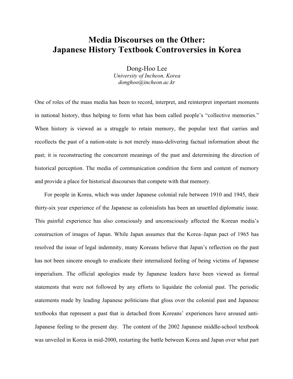 Media Discourses on the Other: Japanese History Textbook Controversies in Korea