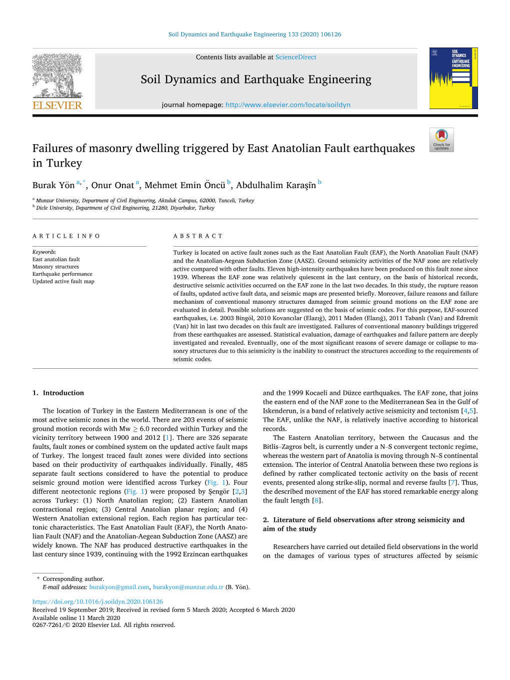 Failures of Masonry Dwelling Triggered by East Anatolian Fault Earthquakes in Turkey