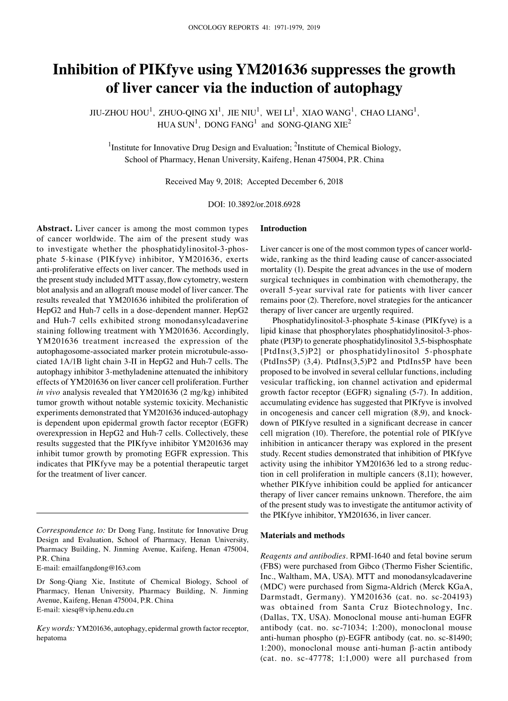 Inhibition of Pikfyve Using YM201636 Suppresses the Growth of Liver Cancer Via the Induction of Autophagy