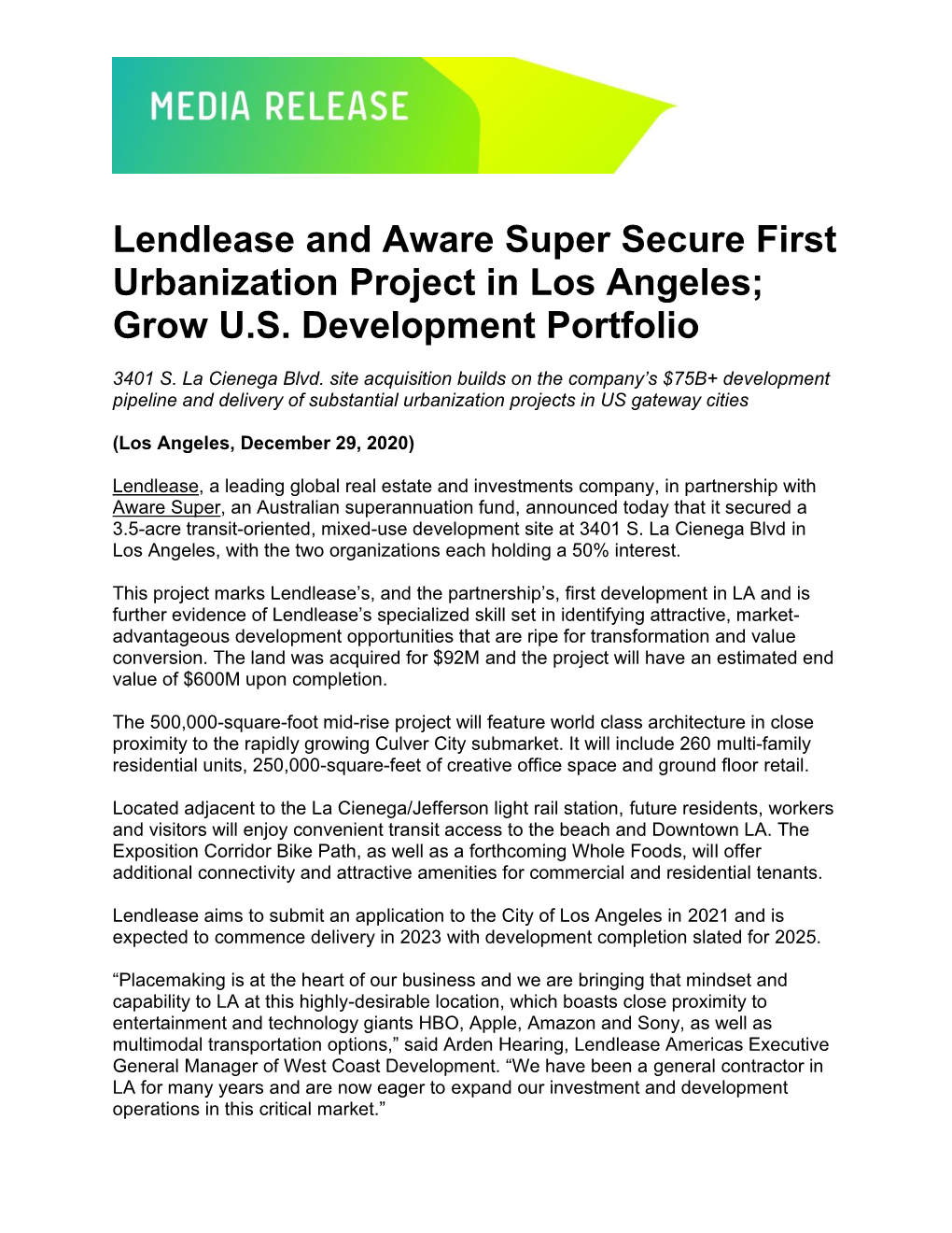 Lendlease and Aware Super Secure First Urbanization Project in Los Angeles; Grow U.S