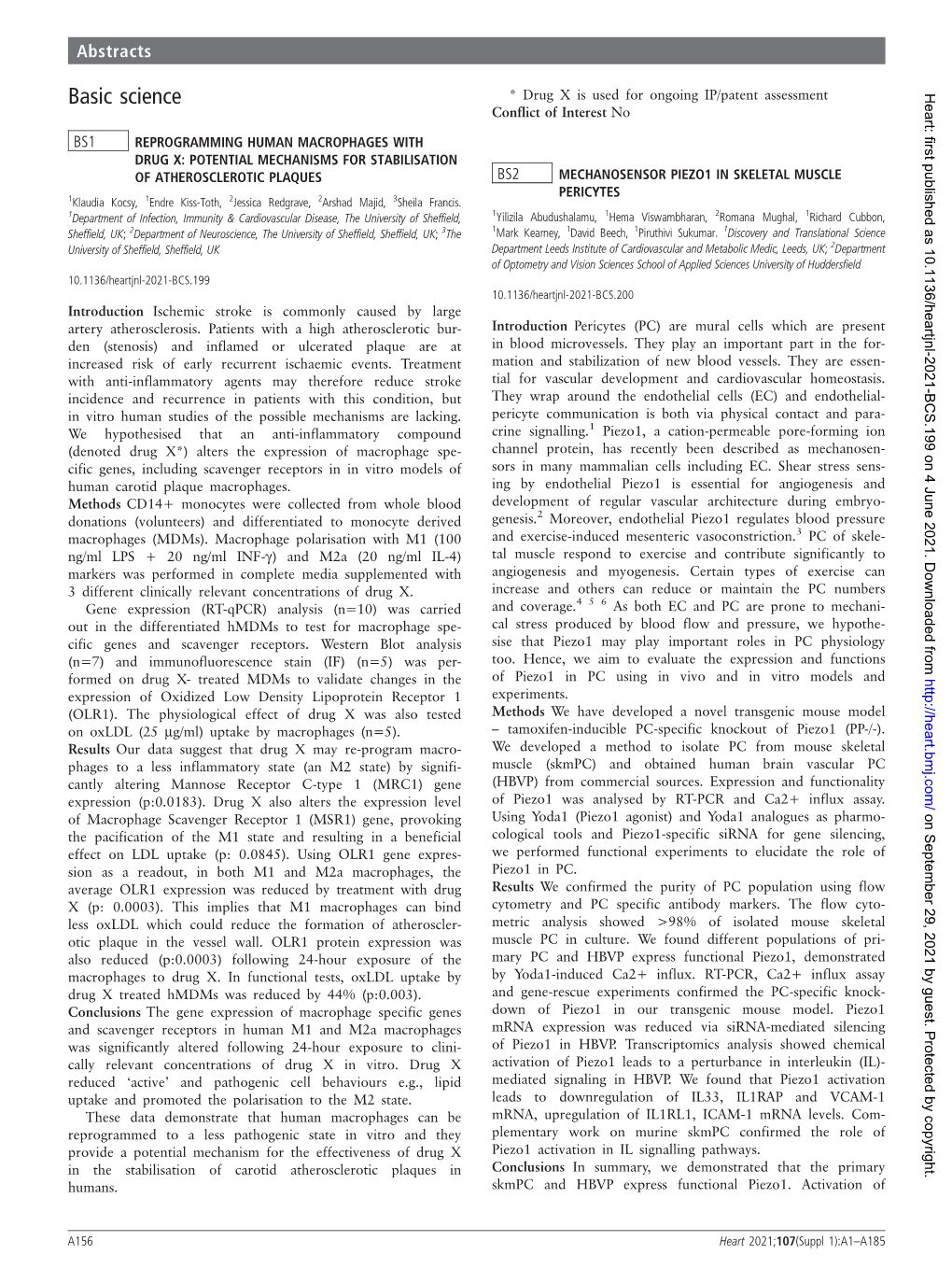 Basic Science * Drug X Is Used for Ongoing IP/Patent Assessment Heart: First Published As 10.1136/Heartjnl-2021-BCS.199 on 4 June 2021