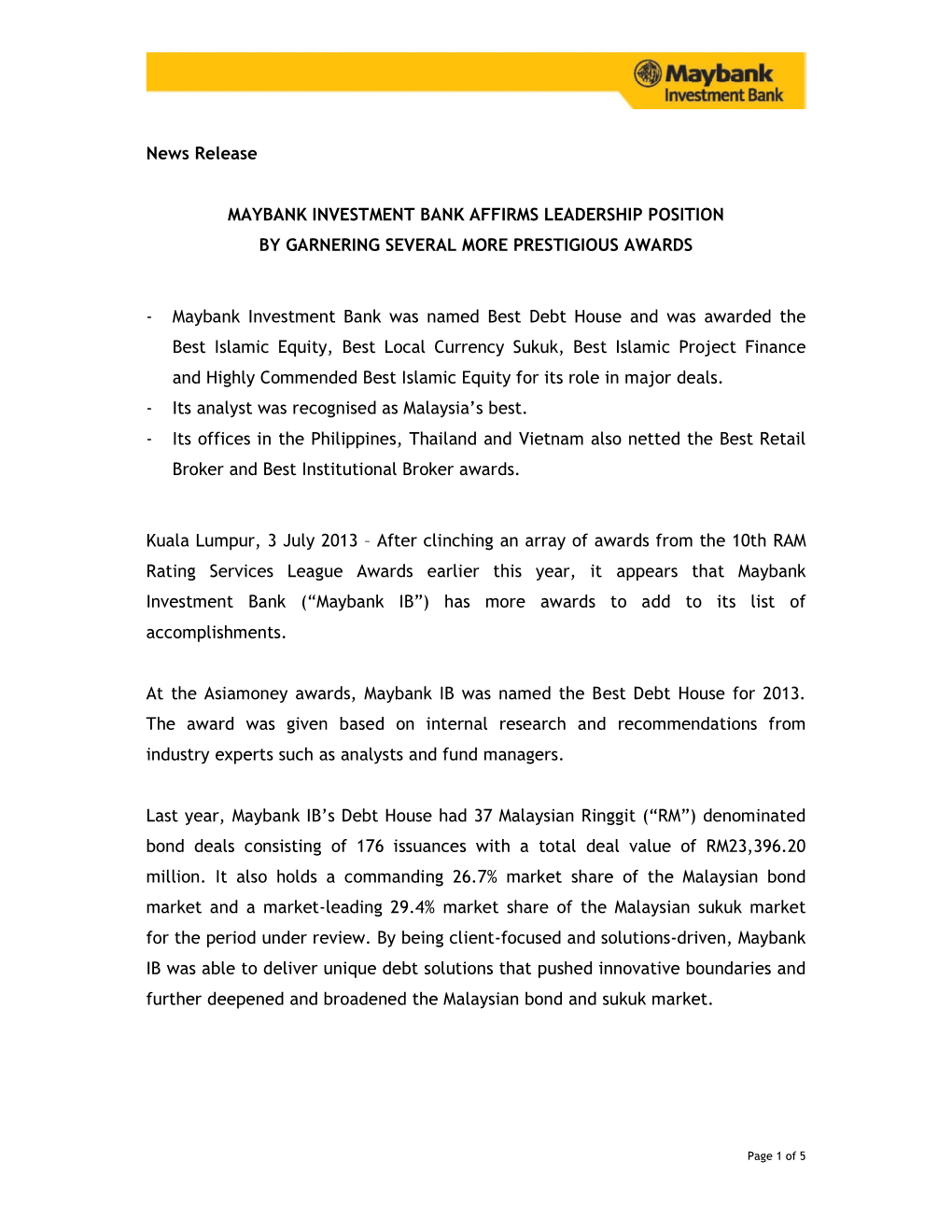 News Release MAYBANK INVESTMENT BANK