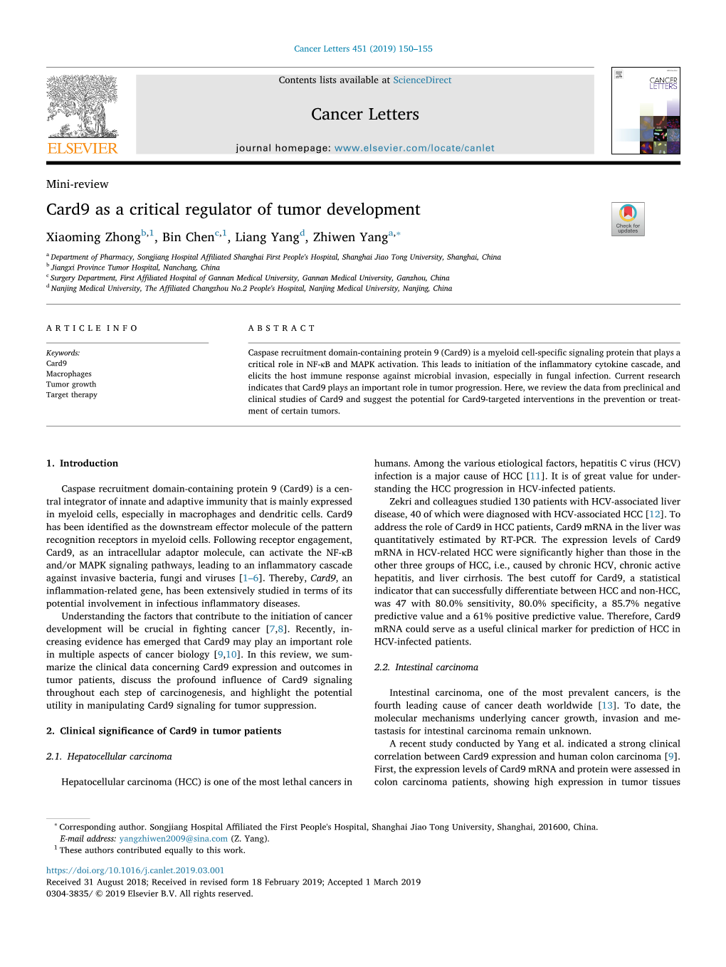 Card9 As a Critical Regulator of Tumor Development