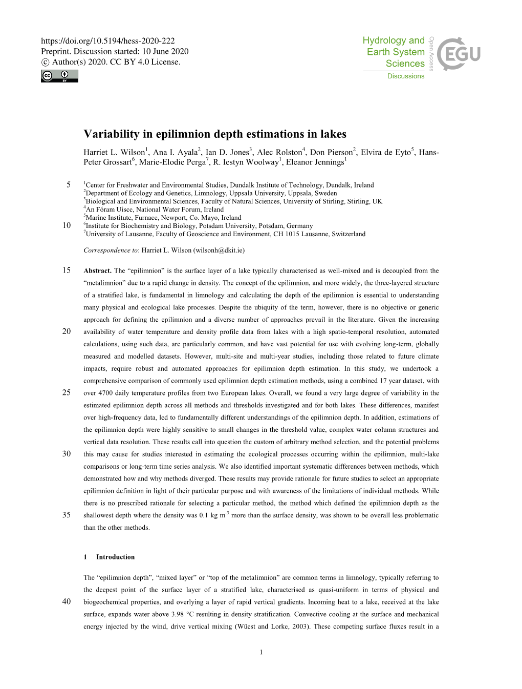 Variability in Epilimnion Depth Estimations in Lakes Harriet L