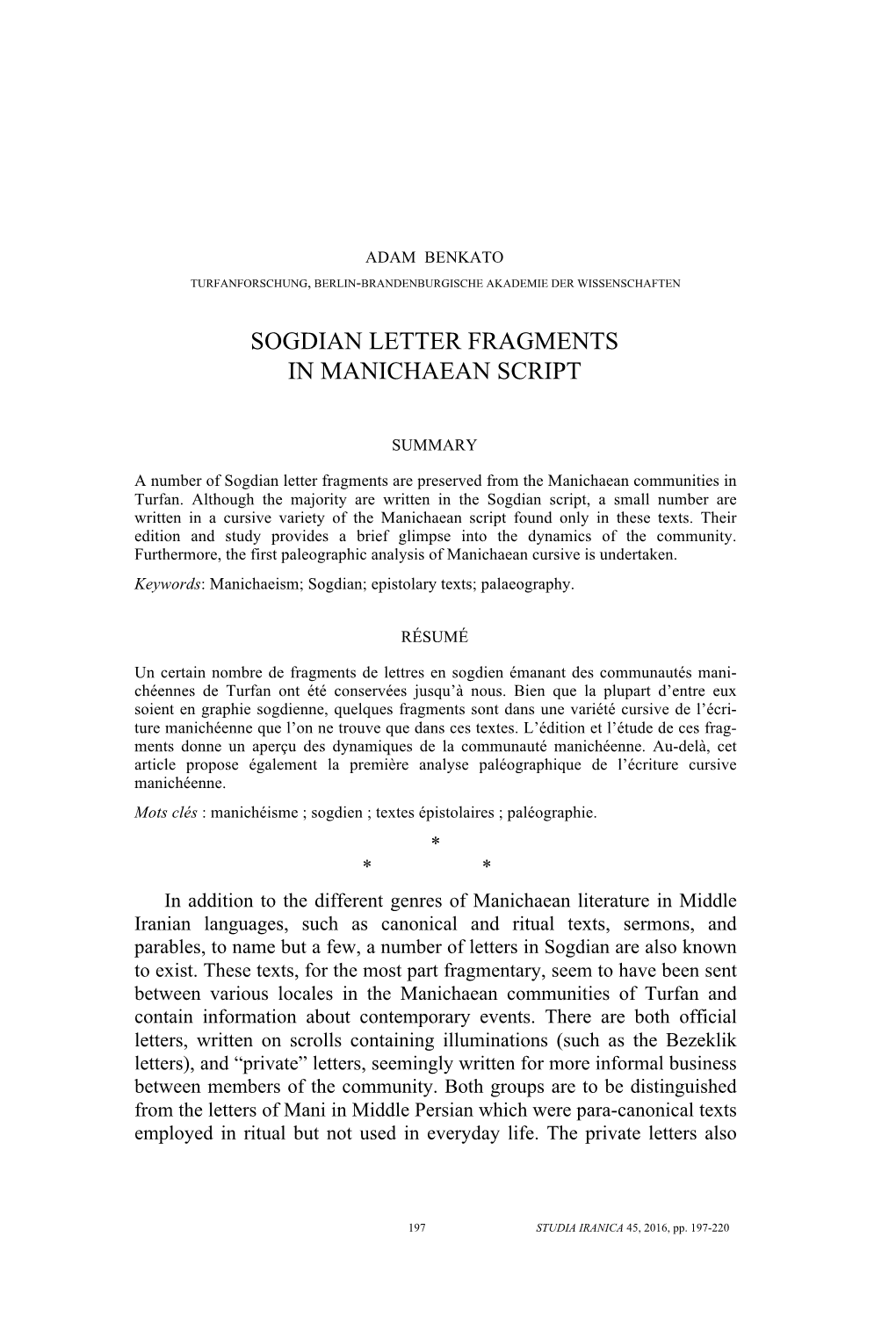 Sogdian Letter Fragments in Manichaean Script