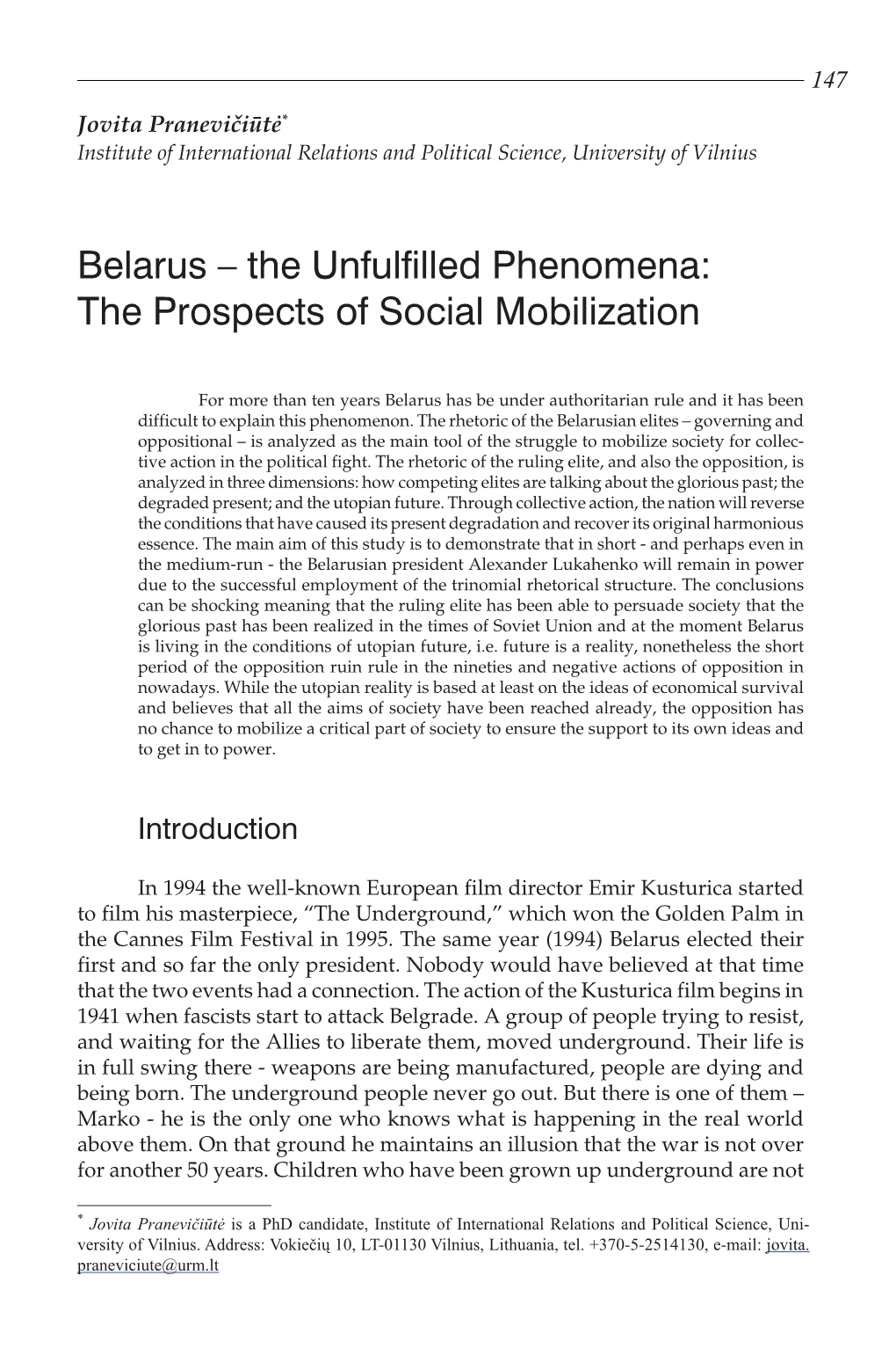 Belarus – the Unfulfilled Phenomena: the Prospects of Social Mobilization