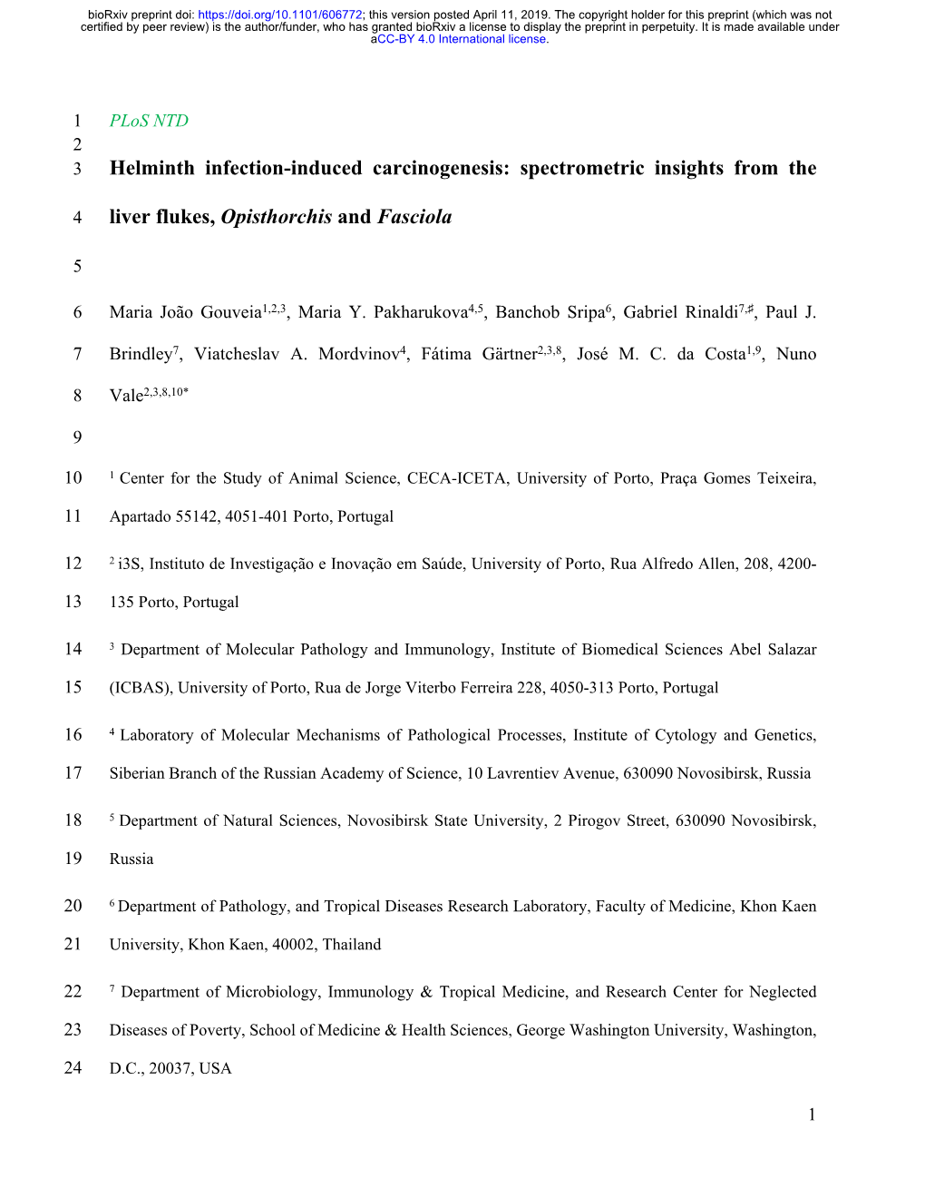 Helminth Infection-Induced Carcinogenesis: Spectrometric Insights from The