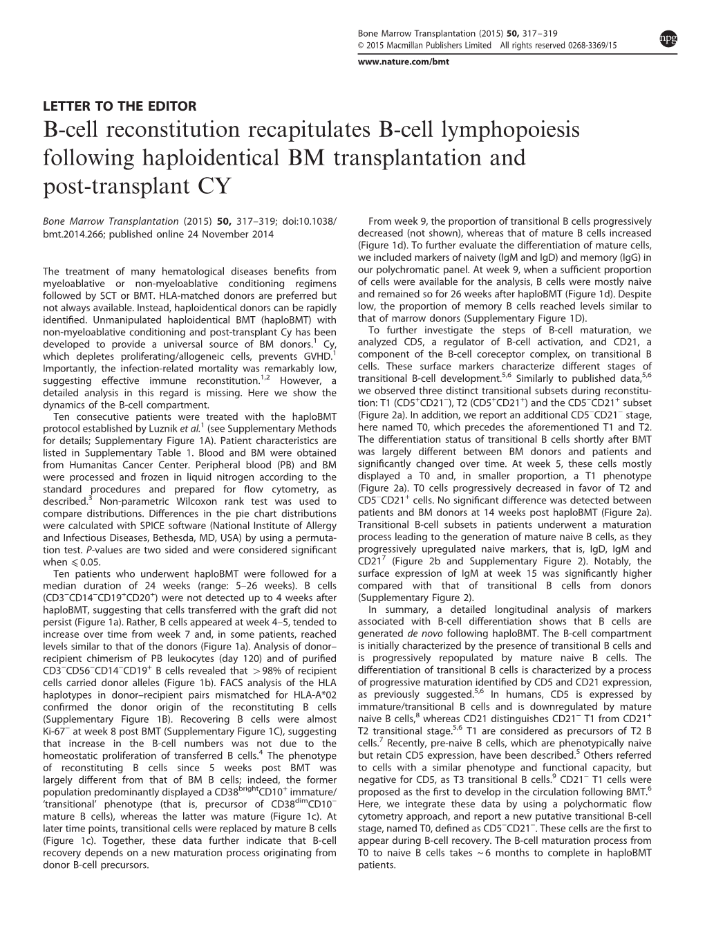 B-Cell Reconstitution Recapitulates B-Cell Lymphopoiesis Following Haploidentical BM Transplantation and Post-Transplant CY