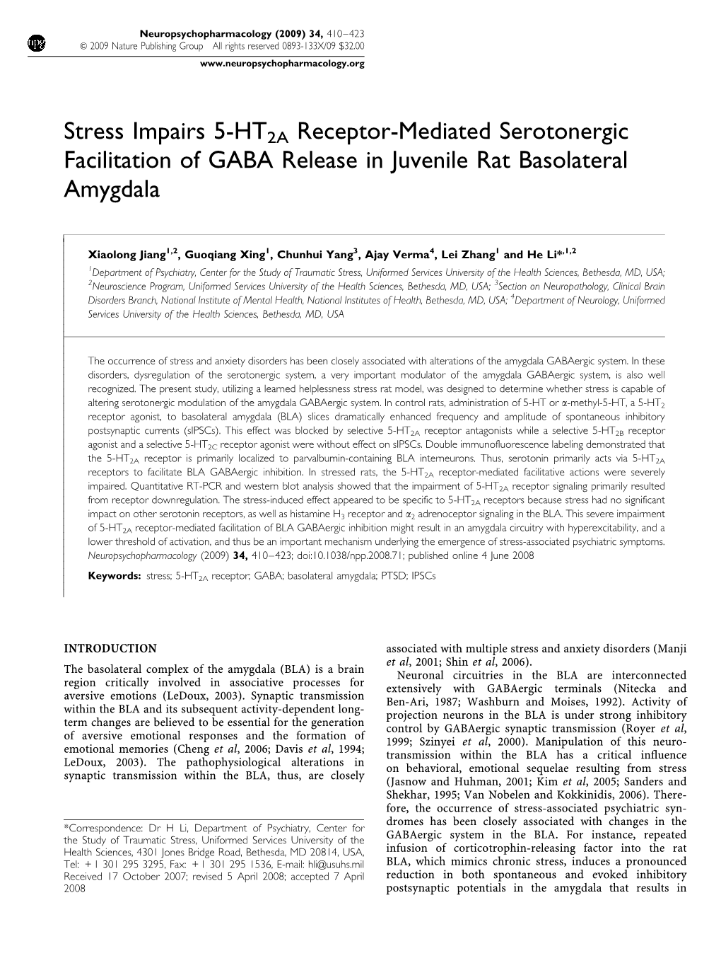 Stress Impairs 5-HT2A Receptor-Mediated Serotonergic Facilitation of GABA Release in Juvenile Rat Basolateral Amygdala