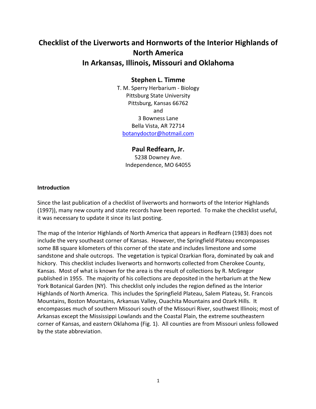 Checklist of the Liverworts and Hornworts of the Interior Highlands of North America in Arkansas, Illinois, Missouri and Oklahoma