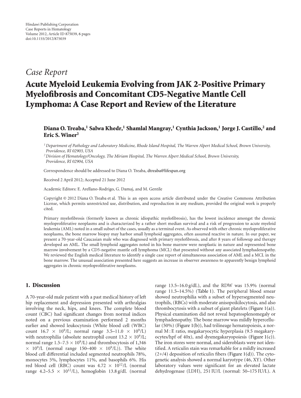 Acute Myeloid Leukemia Evolving from JAK 2-Positive Primary Myelofibrosis and Concomitant CD5-Negative Mantle Cell