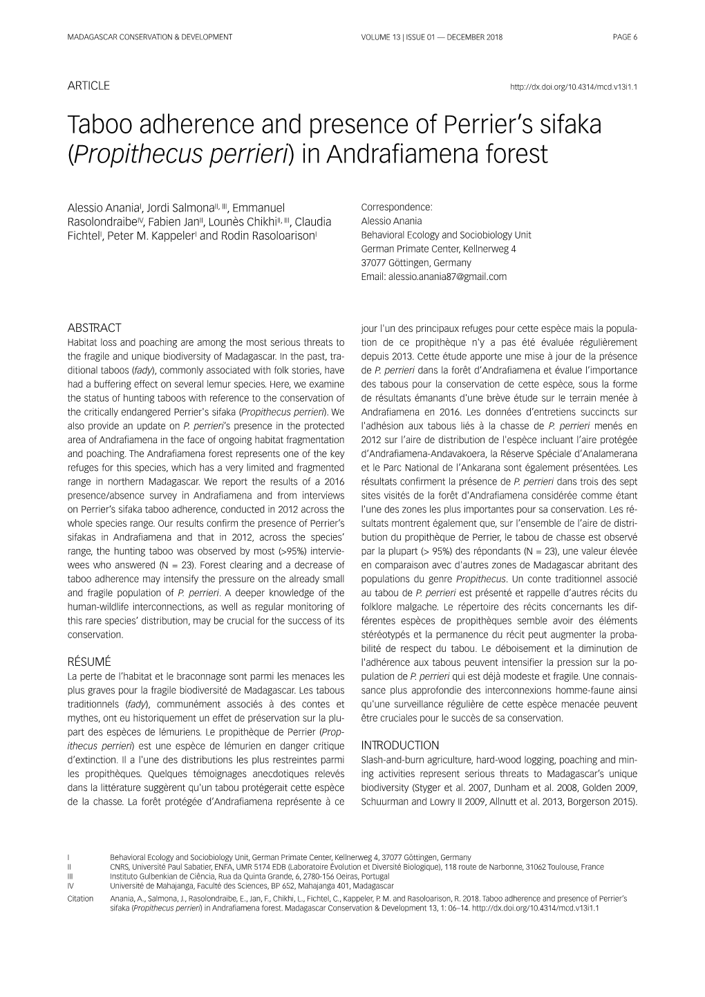 Taboo Adherence and Presence of Perrier's Sifaka (Propithecus Perrieri)