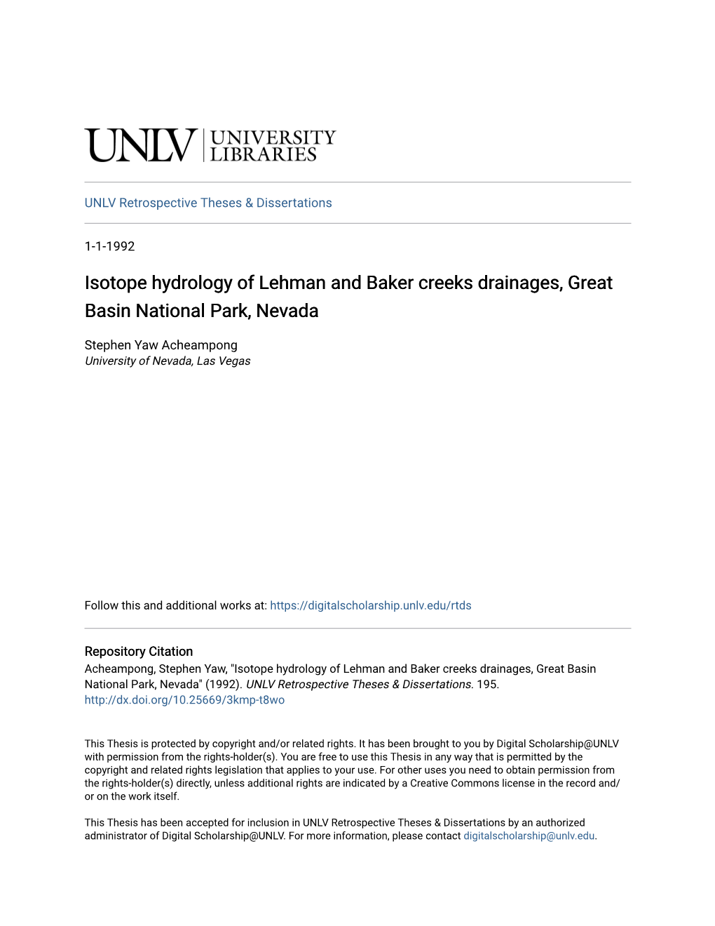 Isotope Hydrology of Lehman and Baker Creeks Drainages, Great Basin National Park, Nevada