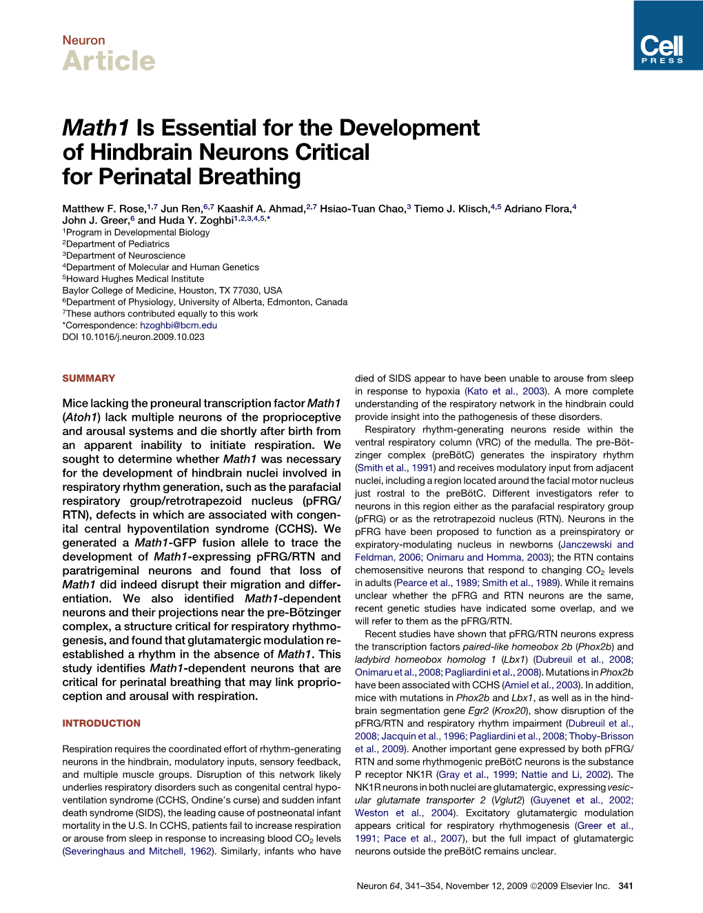 Math1 Is Essential for the Development of Hindbrain Neurons Critical for Perinatal Breathing