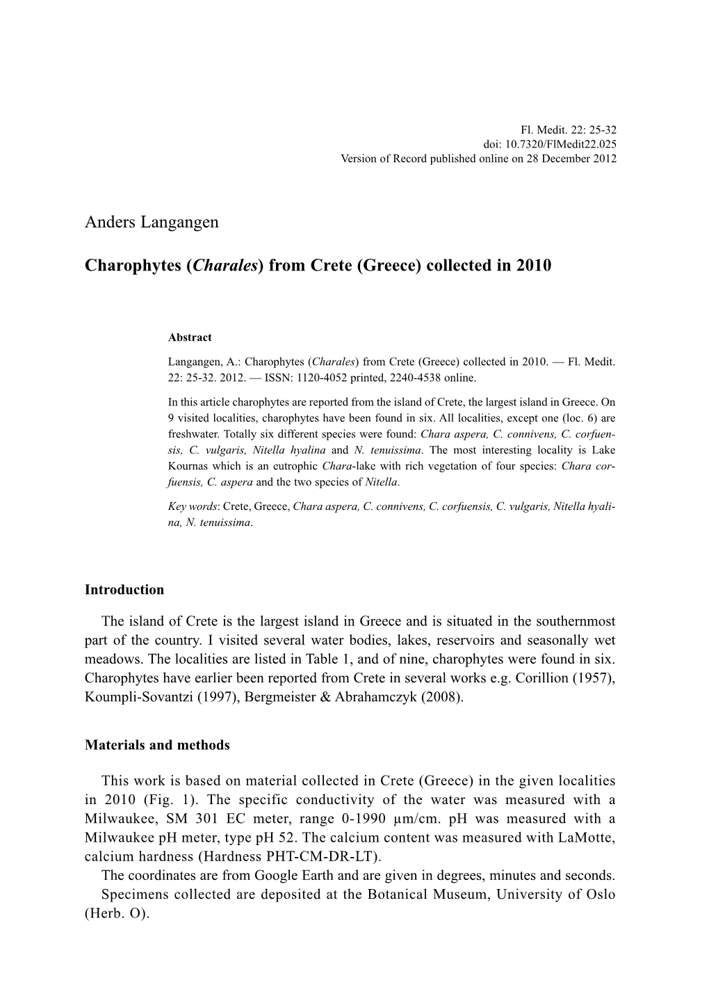 Anders Langangen Charophytes (Charales) from Crete (Greece) Collected in 2010