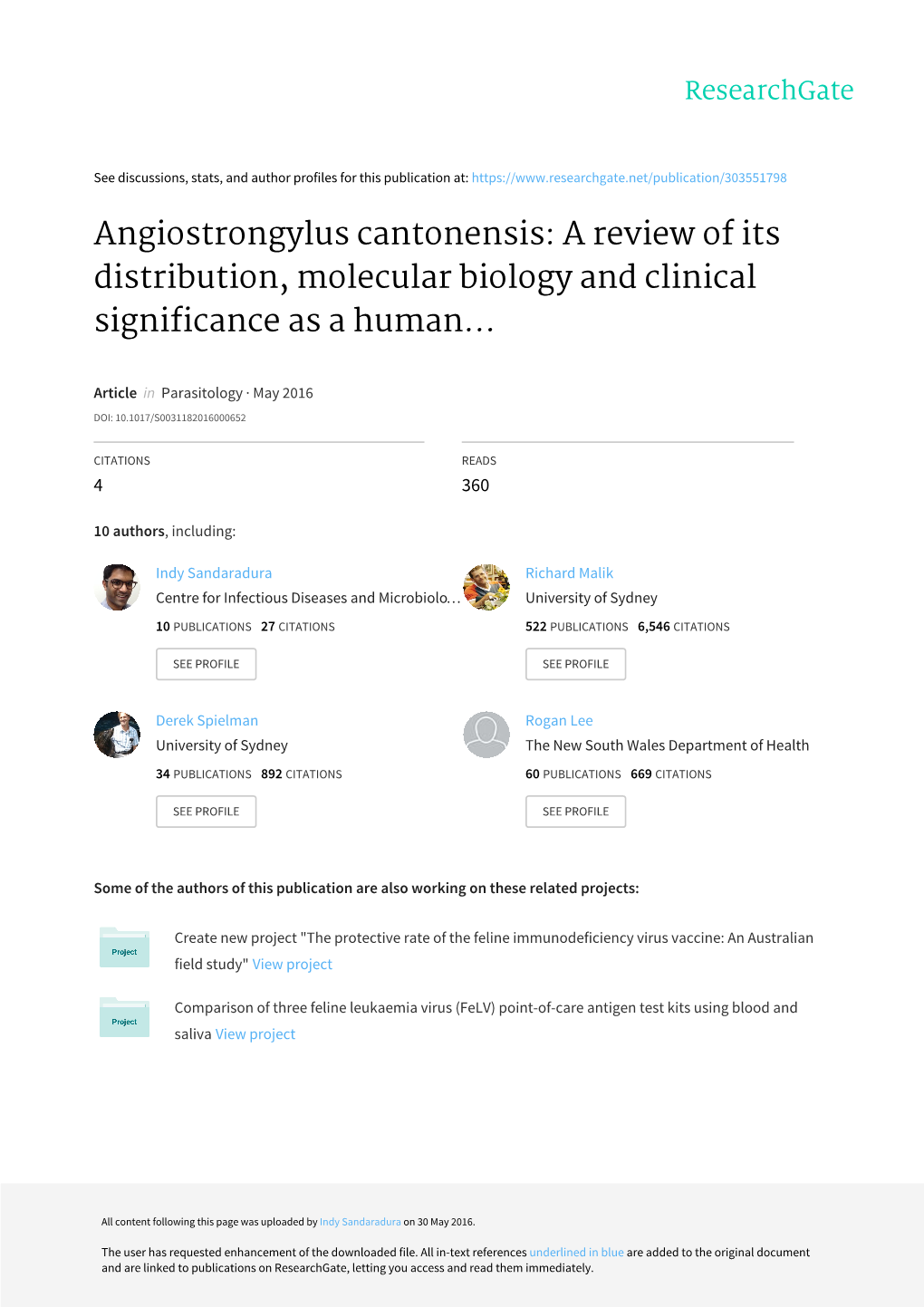 Angiostrongylus Cantonensis: a Review of Its Distribution, Molecular Biology and Clinical Significance As a Human