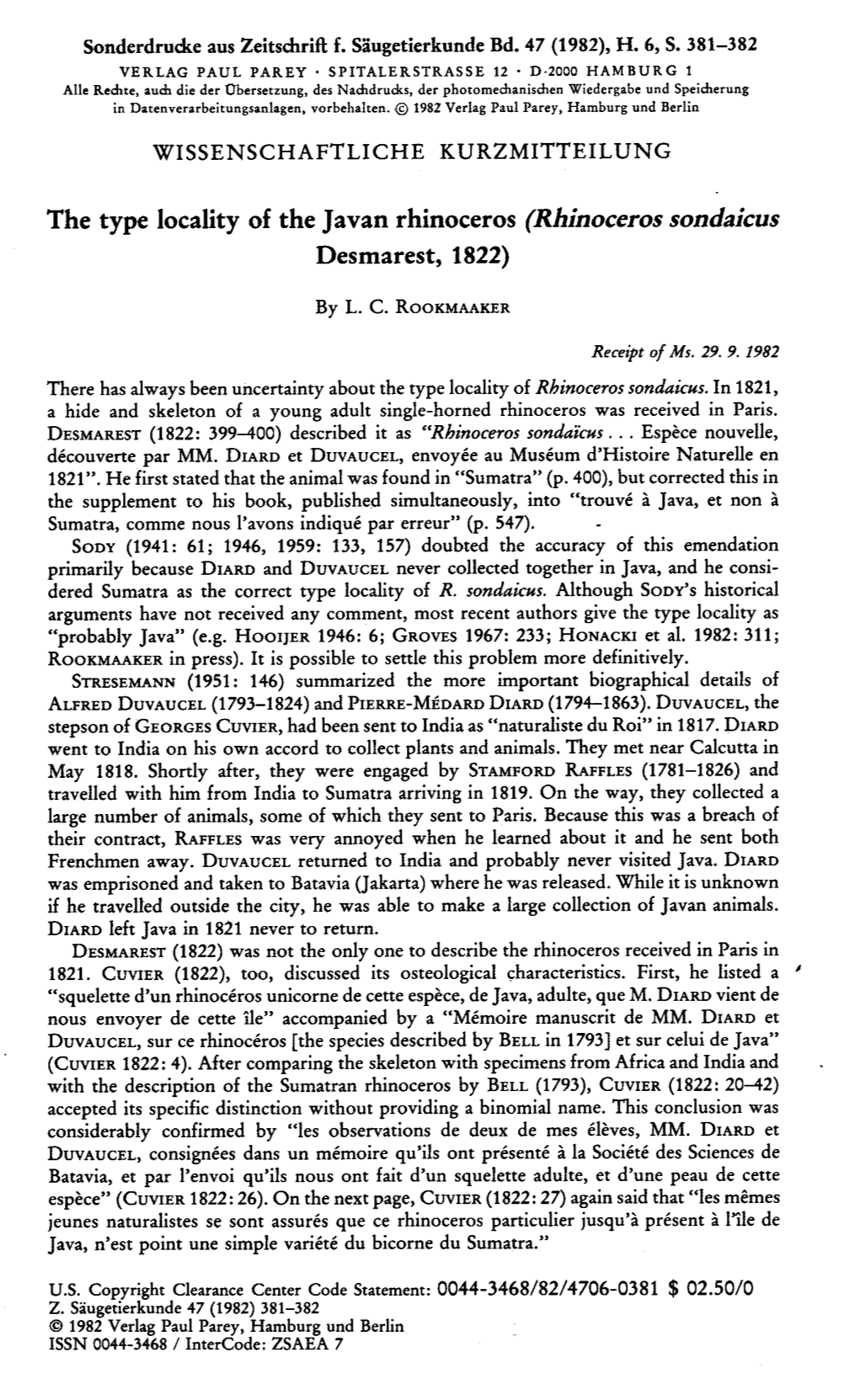 The Type Locality of the Javan Rhinoceros (Rhinoceros Sondaicus Desmarest, 1822)