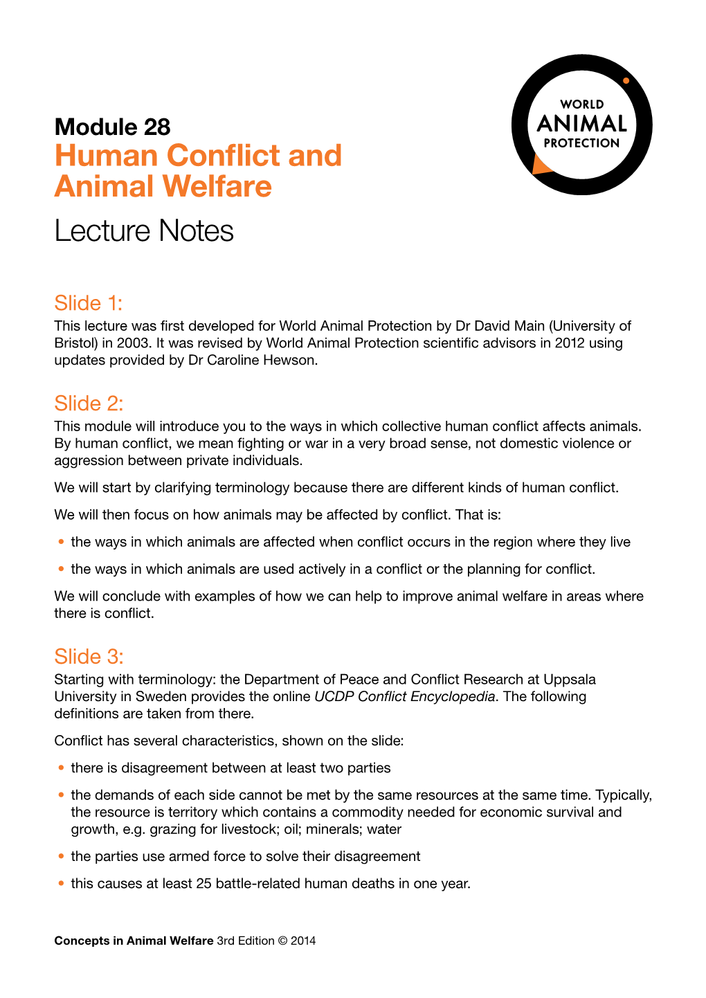 Human Conflict and Animal Welfare Lecture Notes