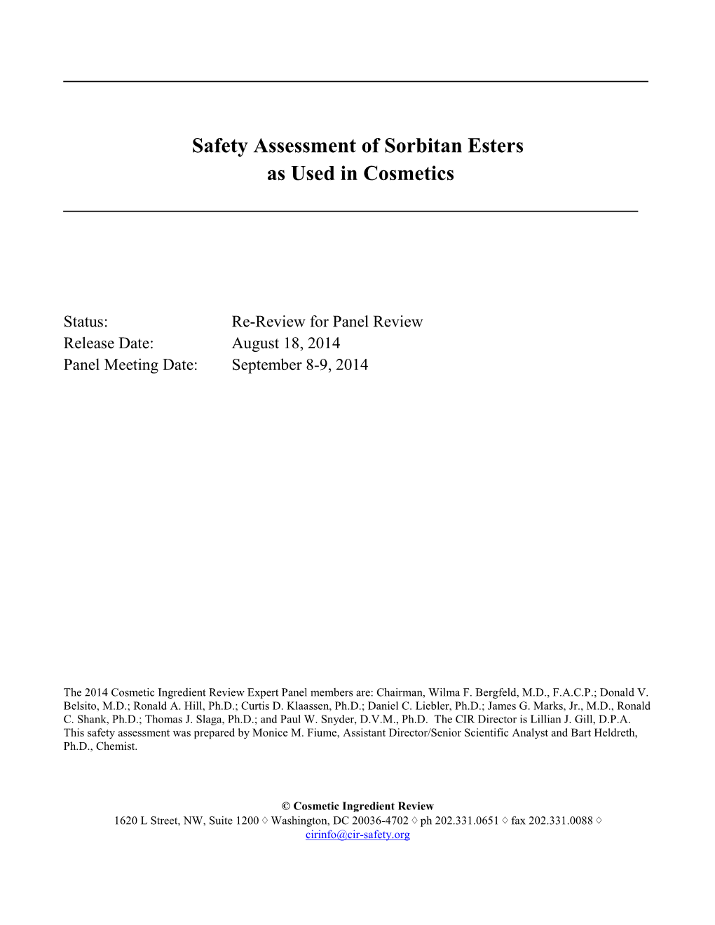 Safety Assessment of Sorbitan Esters As Used in Cosmetics