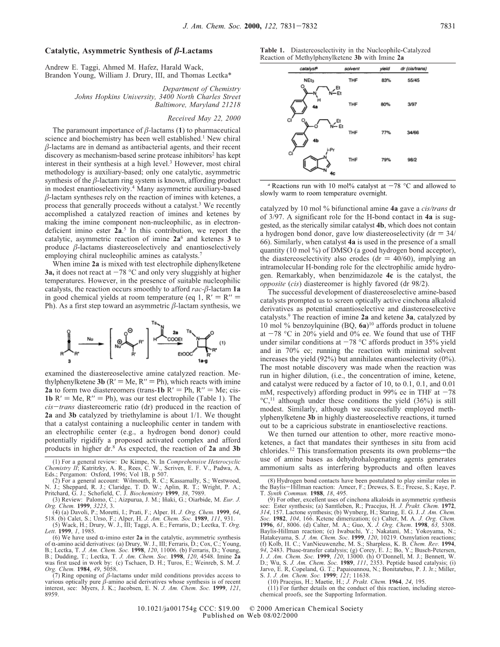 Catalytic, Asymmetric Synthesis of Β-Lactams