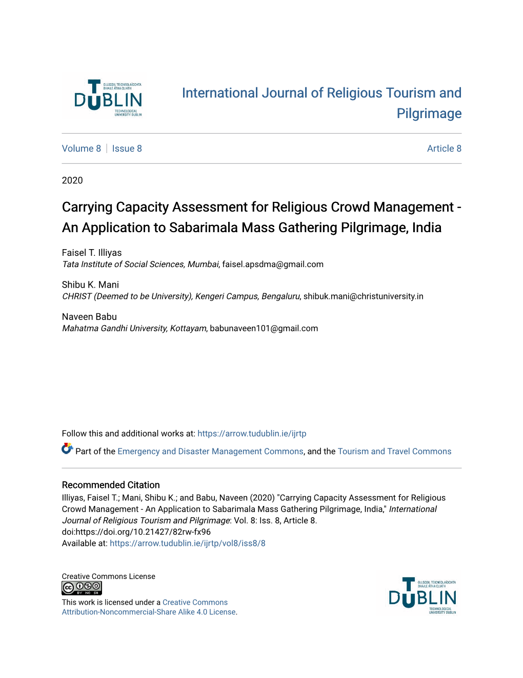 Carrying Capacity Assessment for Religious Crowd Management - an Application to Sabarimala Mass Gathering Pilgrimage, India
