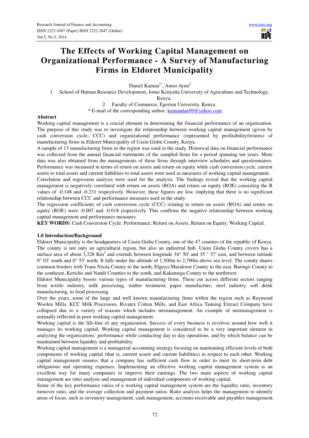 The Effects of Working Capital Management on Organizational Performance - a Survey of Manufacturing Firms in Eldoret Municipality