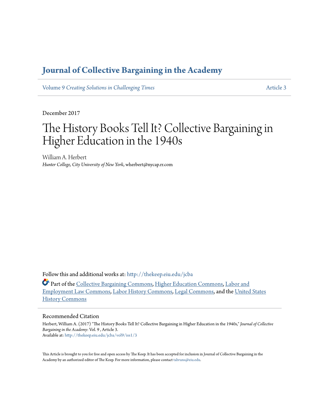 The History Books Tell It? Collective Bargaining in Higher Education in the 1940S