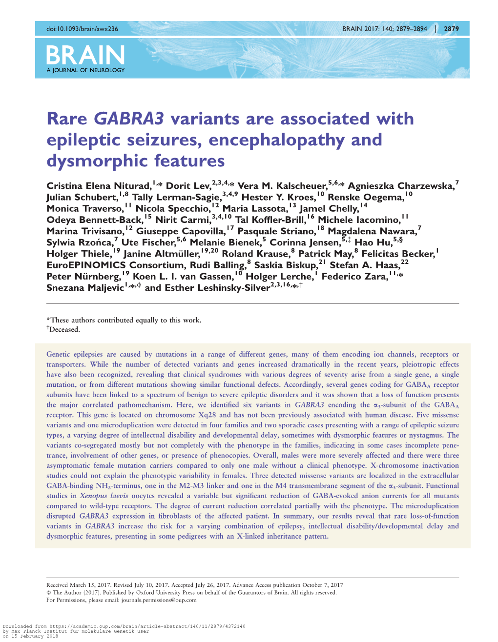 Rare GABRA3 Variants Are Associated with Epileptic Seizures, Encephalopathy and Dysmorphic Features