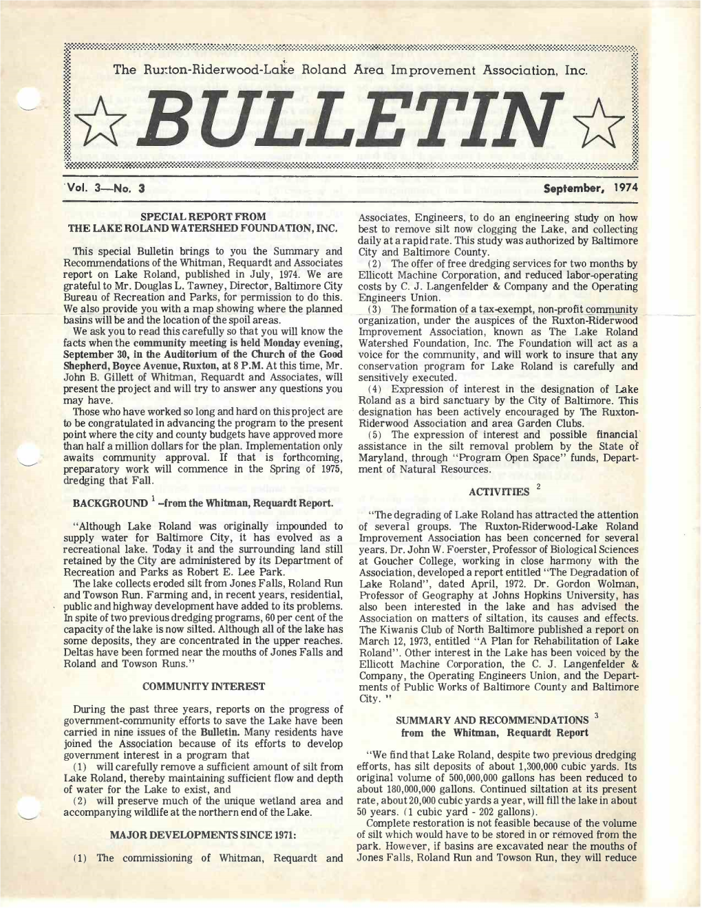 This Special Bulletin Brings to You the Summary and Recommendations of the Whitman, Requardt and Associates Report on Lake Rolan