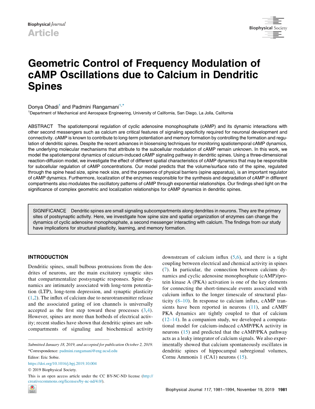 Geometric Control of Frequency Modulation of Camp Oscillations Due to Calcium in Dendritic Spines