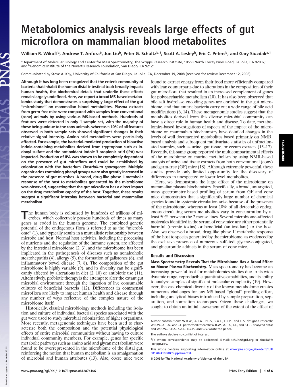 Metabolomics Analysis Reveals Large Effects of Gut Microflora on Mammalian Blood Metabolites