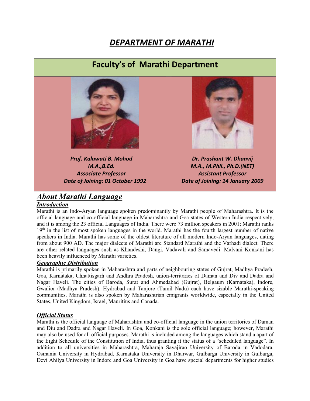 DEPARTMENT of MARATHI Faculty's of Marathi Department