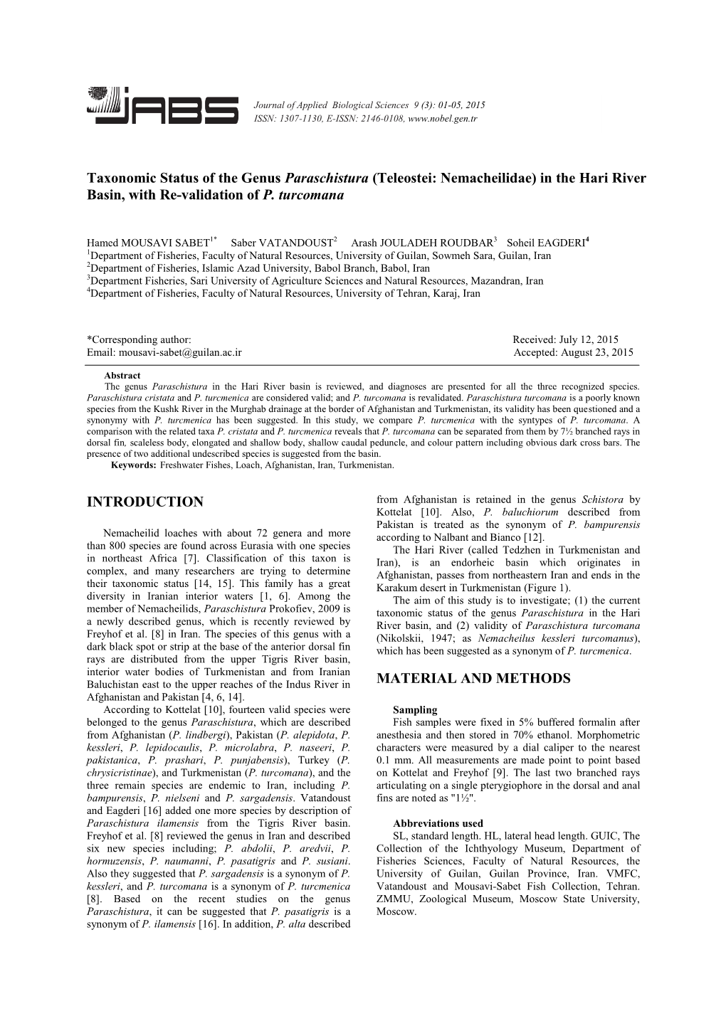 In the Hari River Basin, with Re-Validation of P. Turcomana