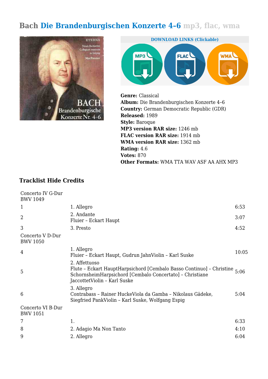 Bach Die Brandenburgischen Konzerte 4–6 Mp3, Flac, Wma