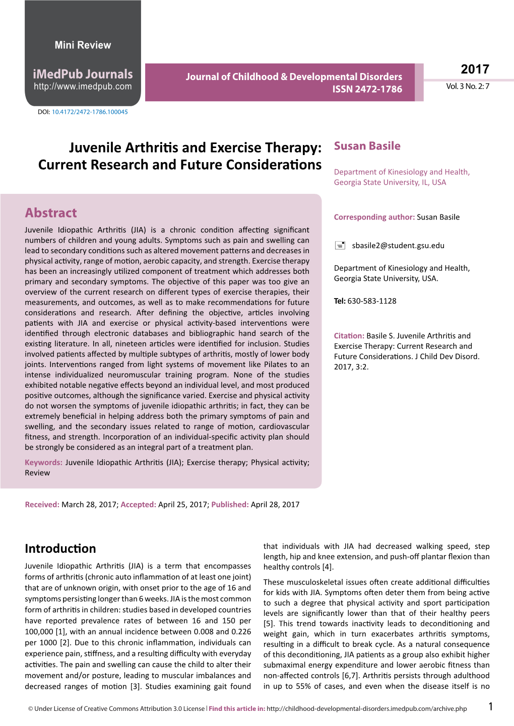Juvenile Arthritis and Exercise Therapy: Susan Basile