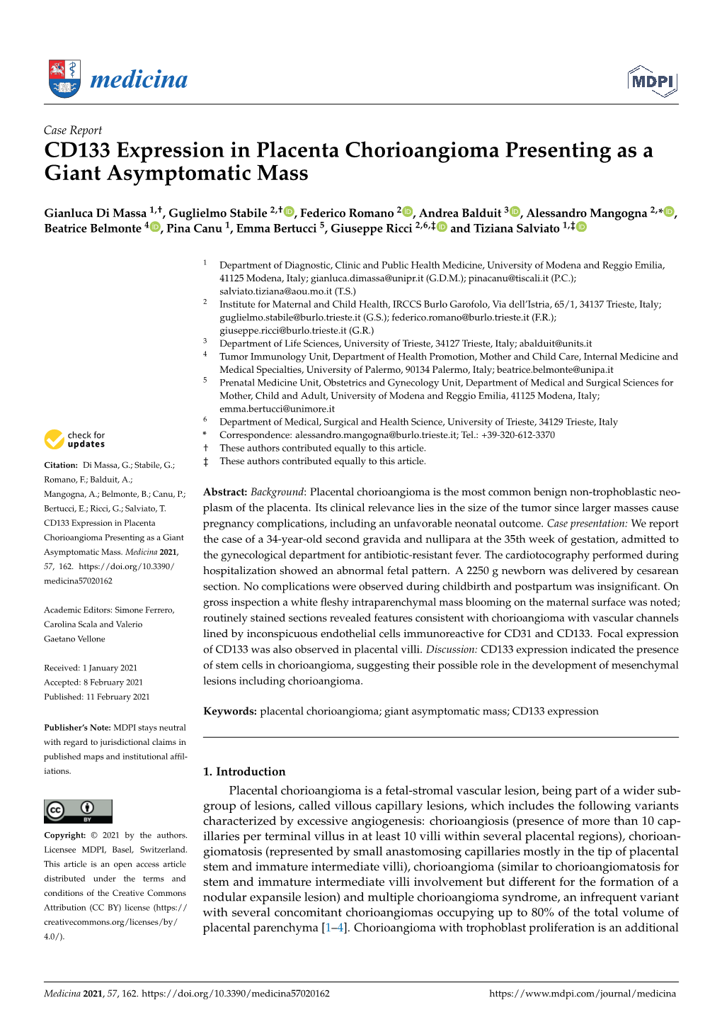 CD133 Expression in Placenta Chorioangioma Presenting As a Giant Asymptomatic Mass