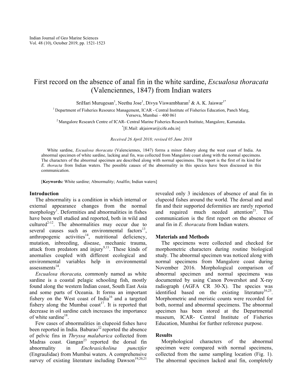 First Record on the Absence of Anal Fin in the White Sardine, Escualosa Thoracata (Valenciennes, 1847) from Indian Waters