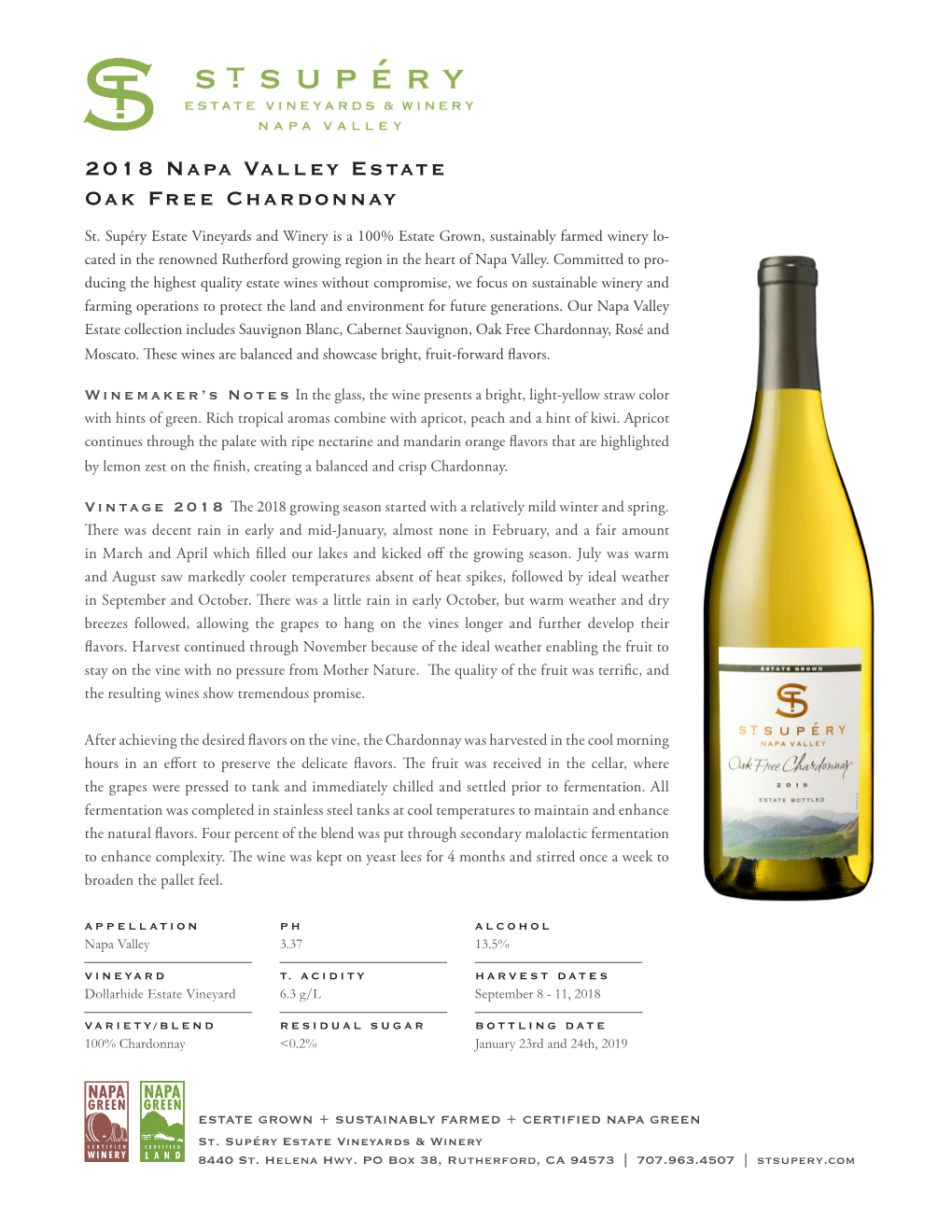 2018 Napa Valley Estate Oak Free Chardonnay