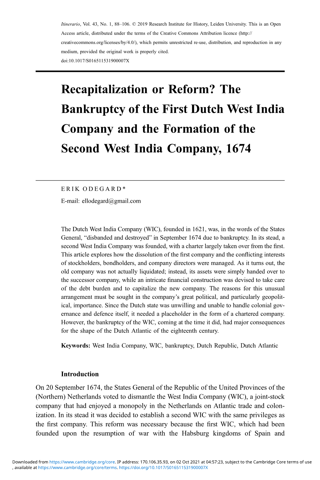 Recapitalization Or Reform? the Bankruptcy of the First Dutch West India Company and the Formation of the Second West India Company, 1674