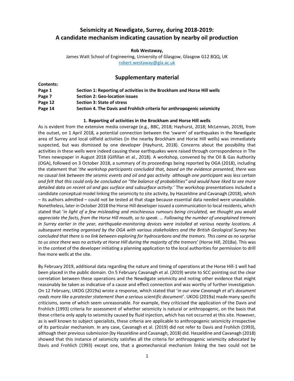 Seismicity at Newdigate, Surrey, During 2018-2019: a Candidate Mechanism Indicating Causation by Nearby Oil Production