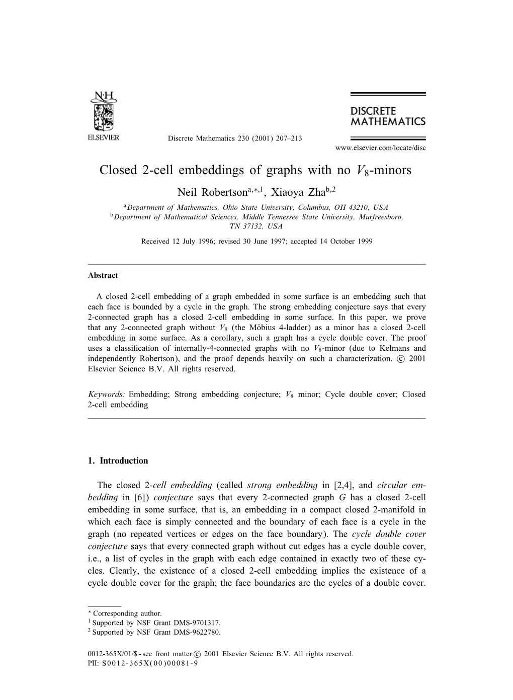 Closed 2-Cell Embeddings of Graphs with No V8-Minors