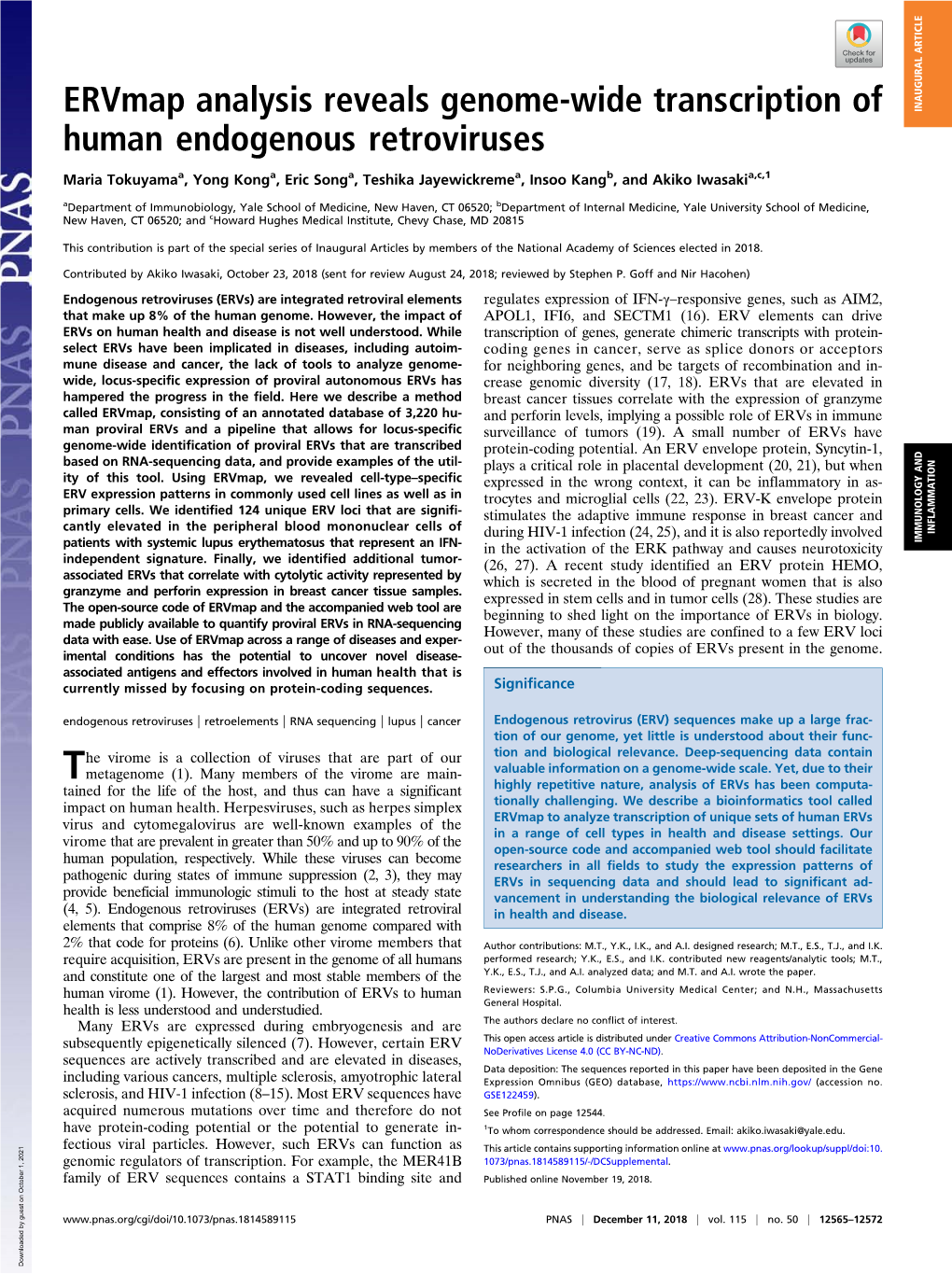 Ervmap Analysis Reveals Genome-Wide Transcription of INAUGURAL ARTICLE Human Endogenous Retroviruses