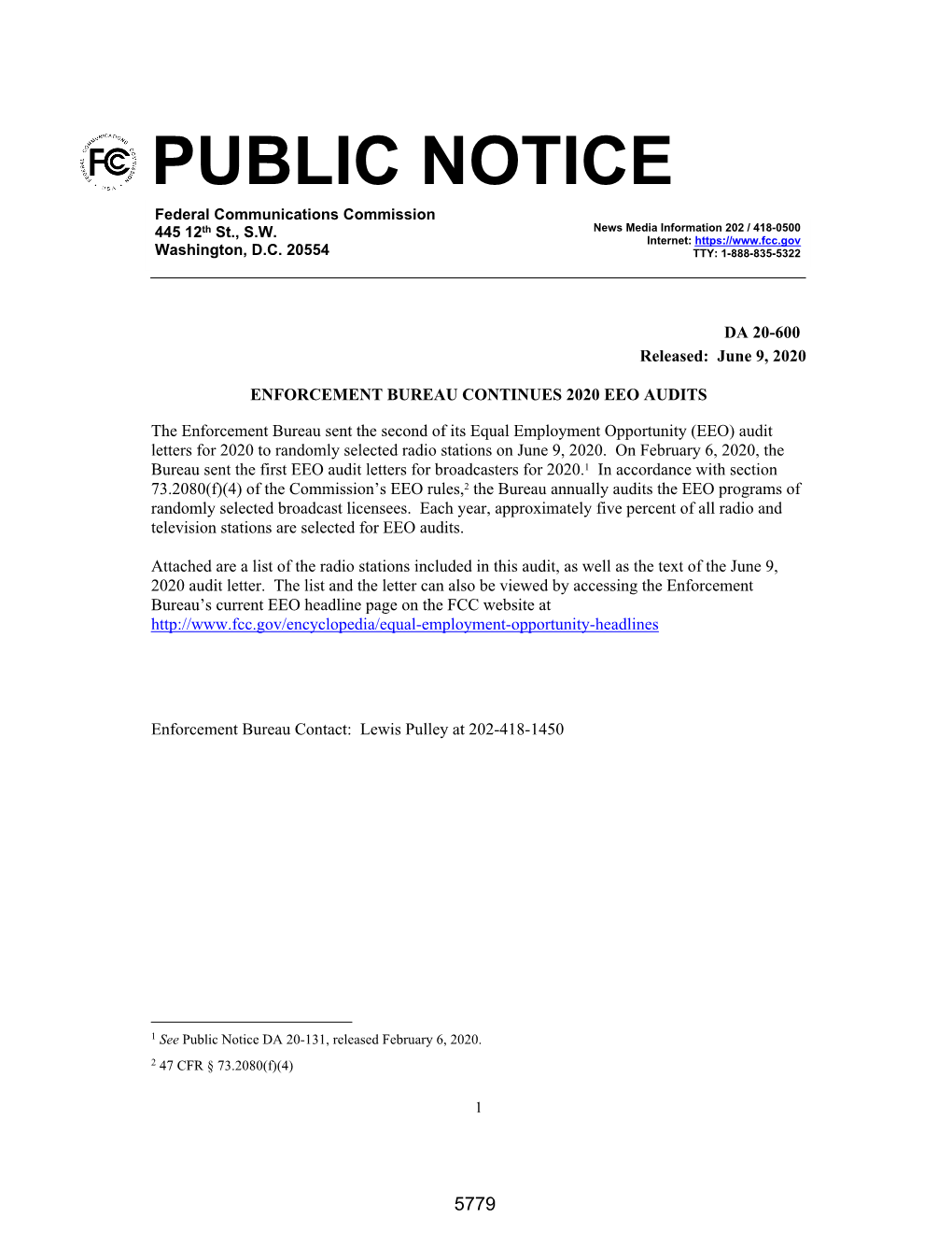 PUBLIC NOTICE Federal Communications Commission 445 12Th St., S.W